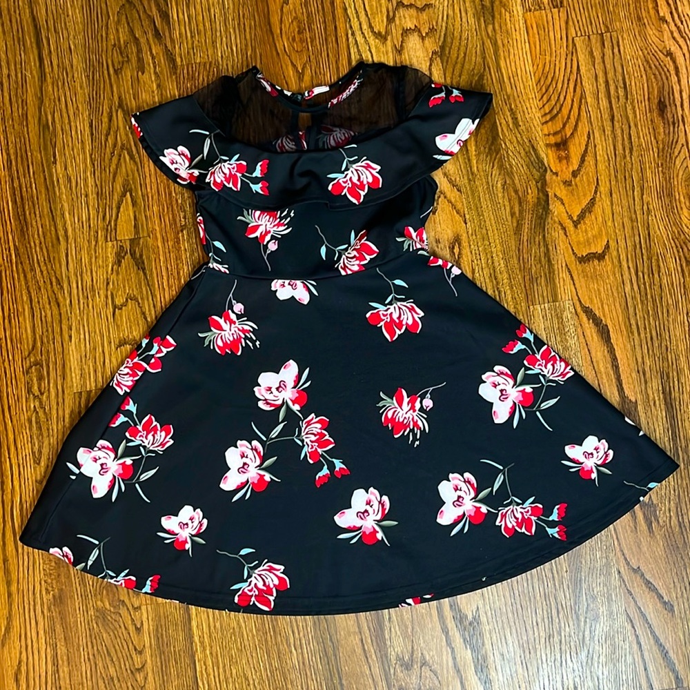 Flowy floral black dress with mesh top